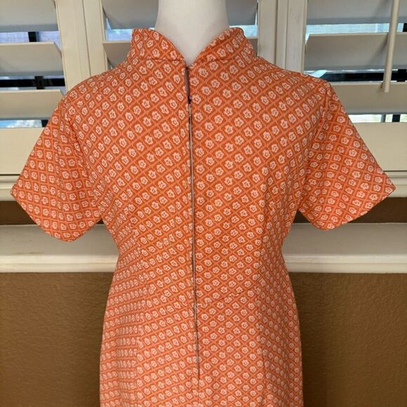 Vintage Women's M Handmade Collared Midi Dress Orange Floral Mid Mod Retro Style - Picture 5 of 9